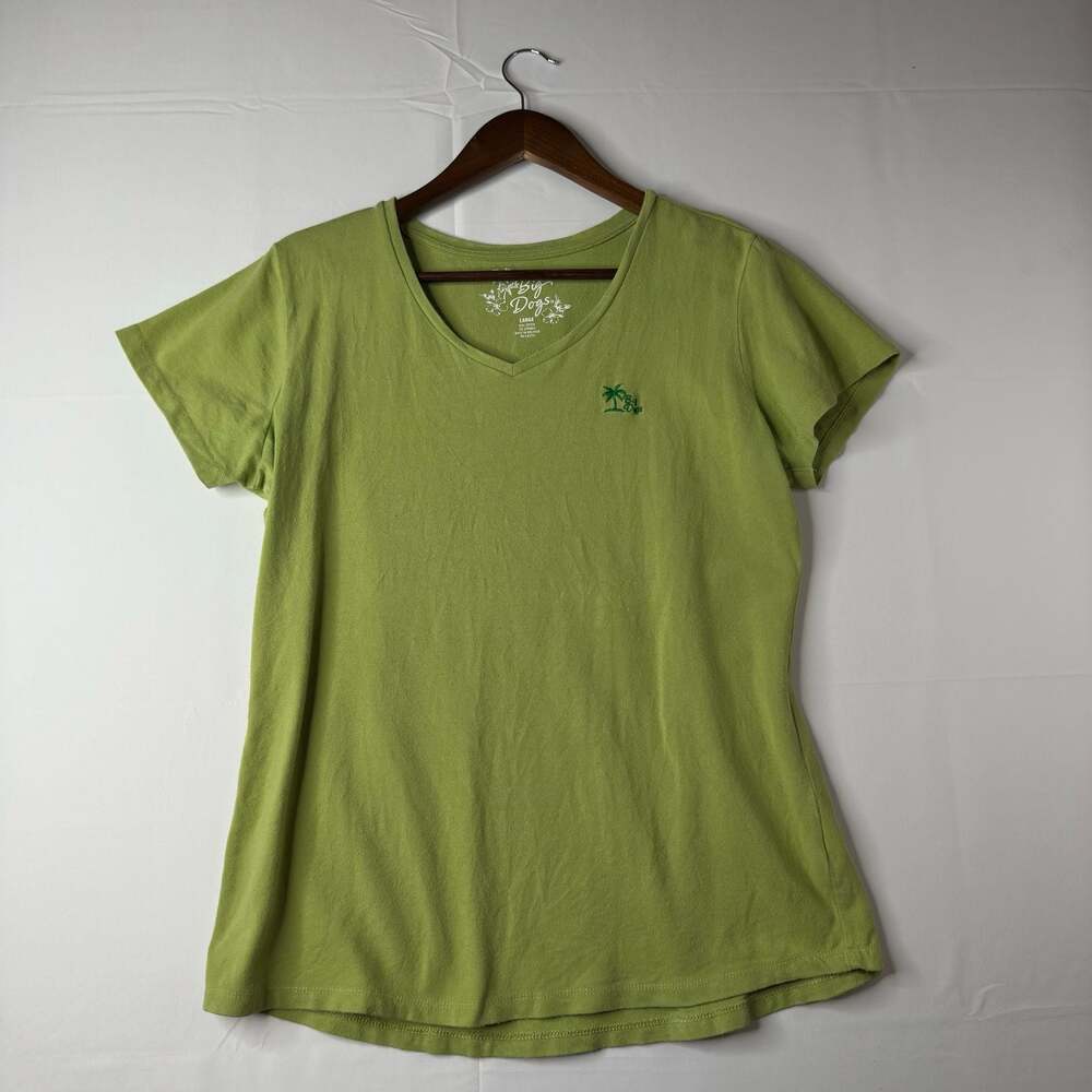 Big Dogs Women's Green Short Sleeve V-Neck T-Shirt with Palm Tree Embroidery